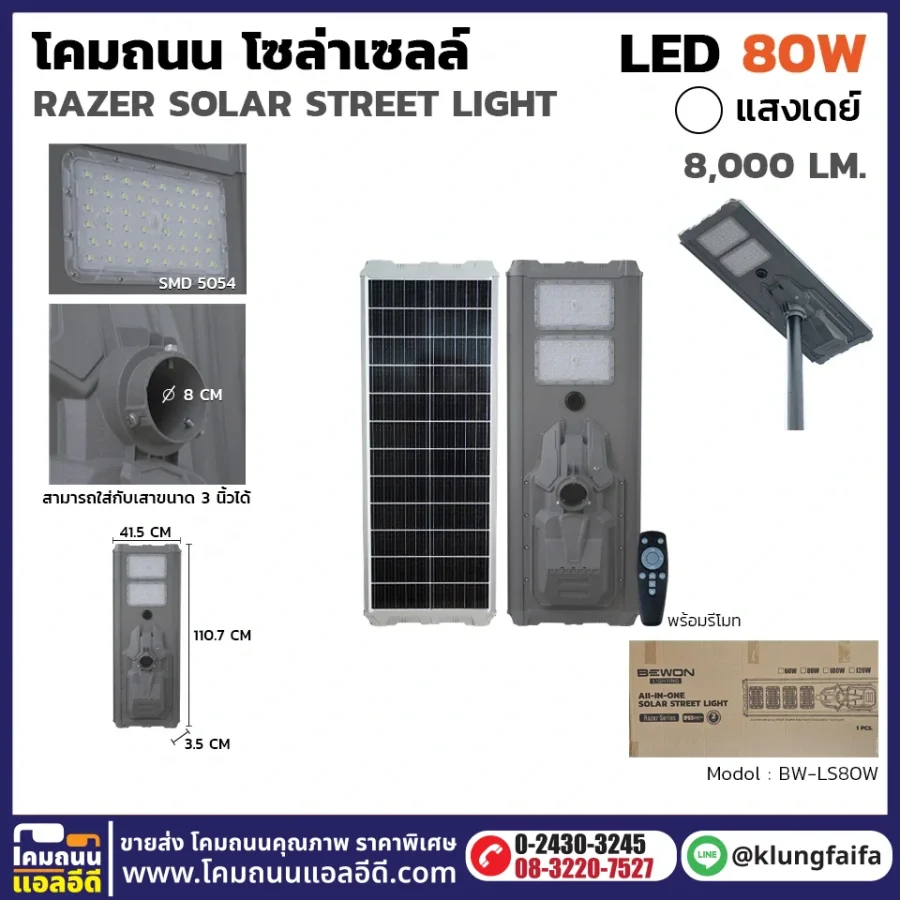BEWON : โคมถนนโซล่าเซลล์ RAZER 80W